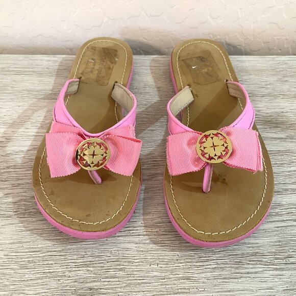 Kate Spade Sandals 6 Ida Pink Ribbon Gold Logo Flip Flops - Picture 3 of 10